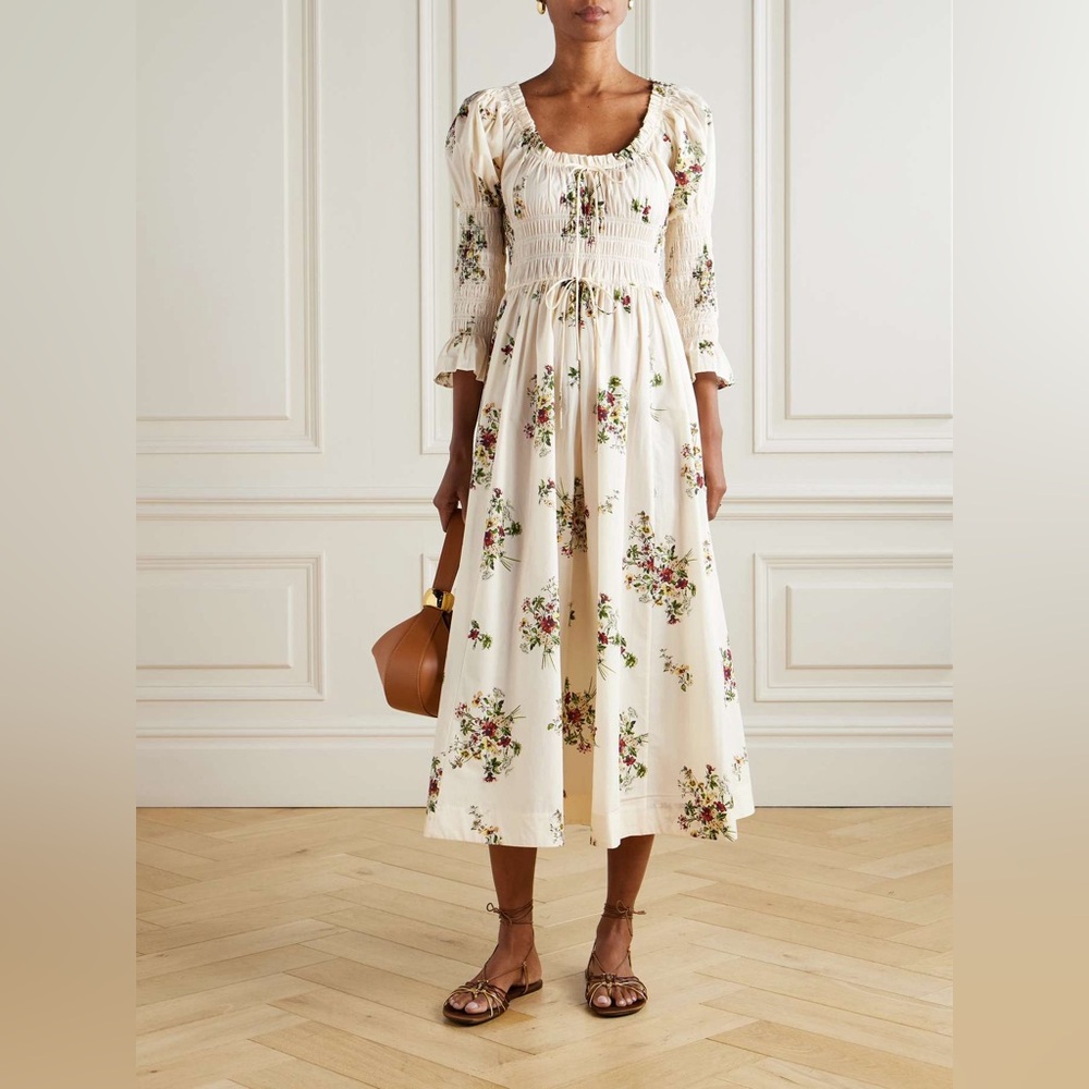 Doen Kaira shirred floral-print organic cotton-poplin midi dress, XS